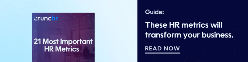 Promotional banner for Crunchr's guide on '21 Most Important HR Metrics' with the tagline 'These HR metrics will transform your business. Read Now' against a blue background."