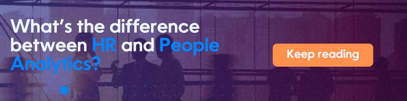 An image of peole working purple and blue writing that reads, ''What's the differenc ebetween HR and People Analytics?'' there is also a button in orange that says ''keep reading''