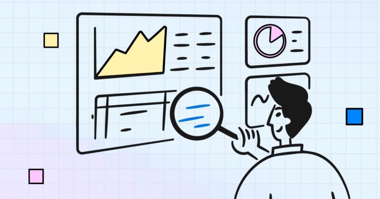 An illustration of a man looking at some people analytics dashboards in Crunchr. He is building a skills-based organization with consolidated hr data.