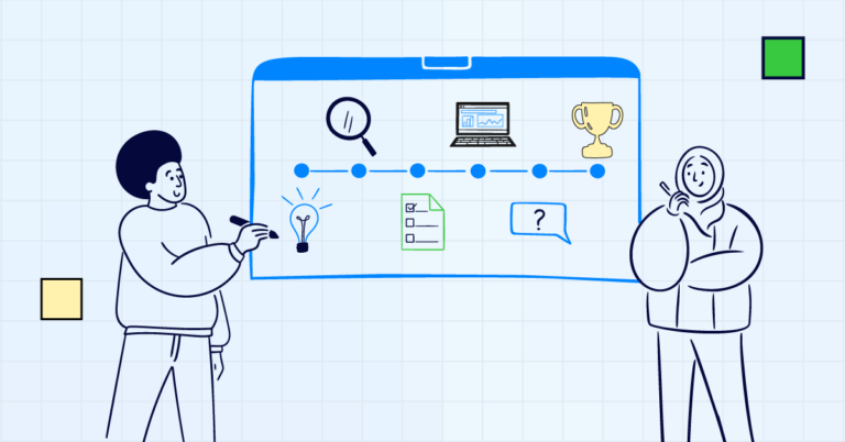 Illustration of two people discussing a project timeline with key milestones, including a magnifying glass, a laptop with graphs, a trophy, a checklist, and a speech bubble, representing stages of strategic planning and achievement.
