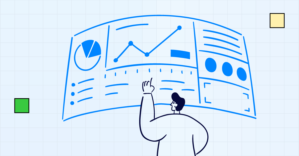 Illustration of a person analyzing an HR dashboard with graphs, charts, and data visualizations on a large screen, representing workforce analytics and data-driven decision-making