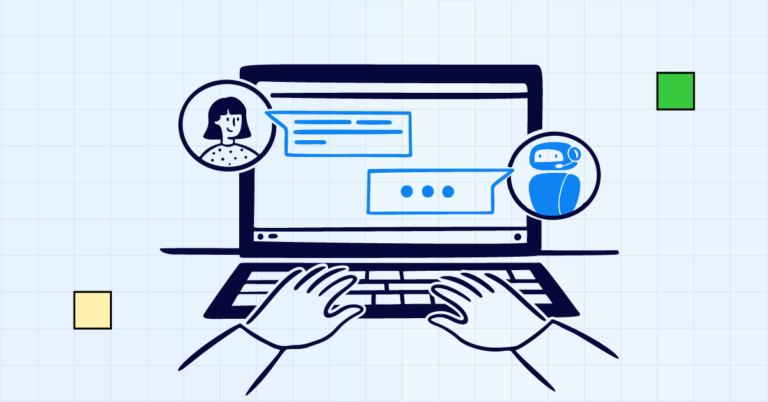 Illustration of a laptop screen showing a conversation between a human and an AI chatbot, symbolizing the use of AI prompts in HR to enhance decision-making and workforce analytics.