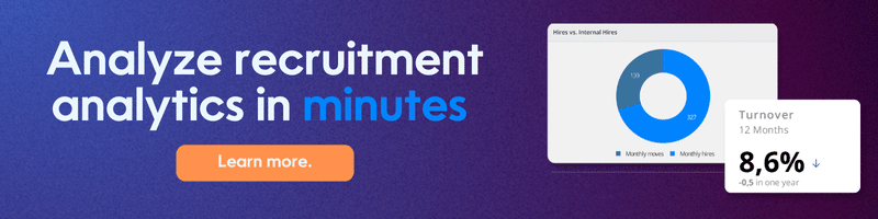 Banner promoting recruitment analytics tools with text 'Analyze recruitment analytics in minutes,' featuring a pie chart of hires vs. internal hires and a turnover rate statistic