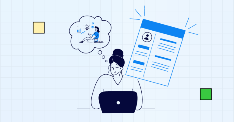 Illustration of a recruiter analyzing a candidate's resume with insights on recruitment analytics.