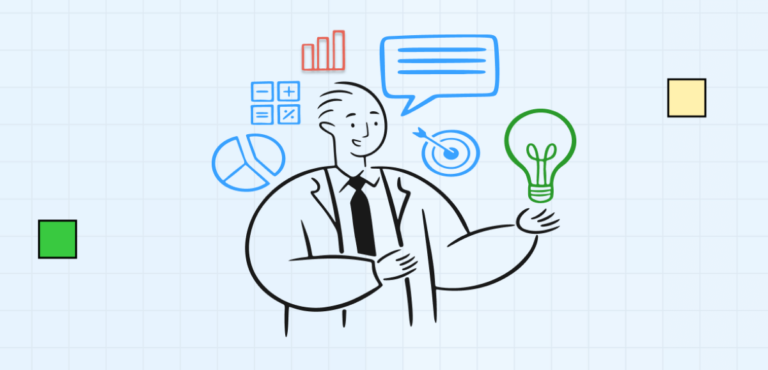 HR analytics concept art showing a professional holding a lightbulb, with icons representing data-driven decision-making.