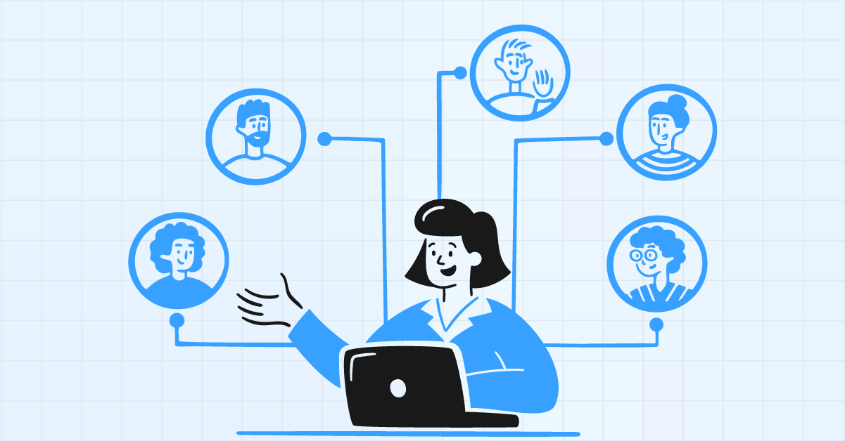 Illustration of a manager at a desk connected to team members, representing a visual depiction of span of supervision and influence within an organizational structure.